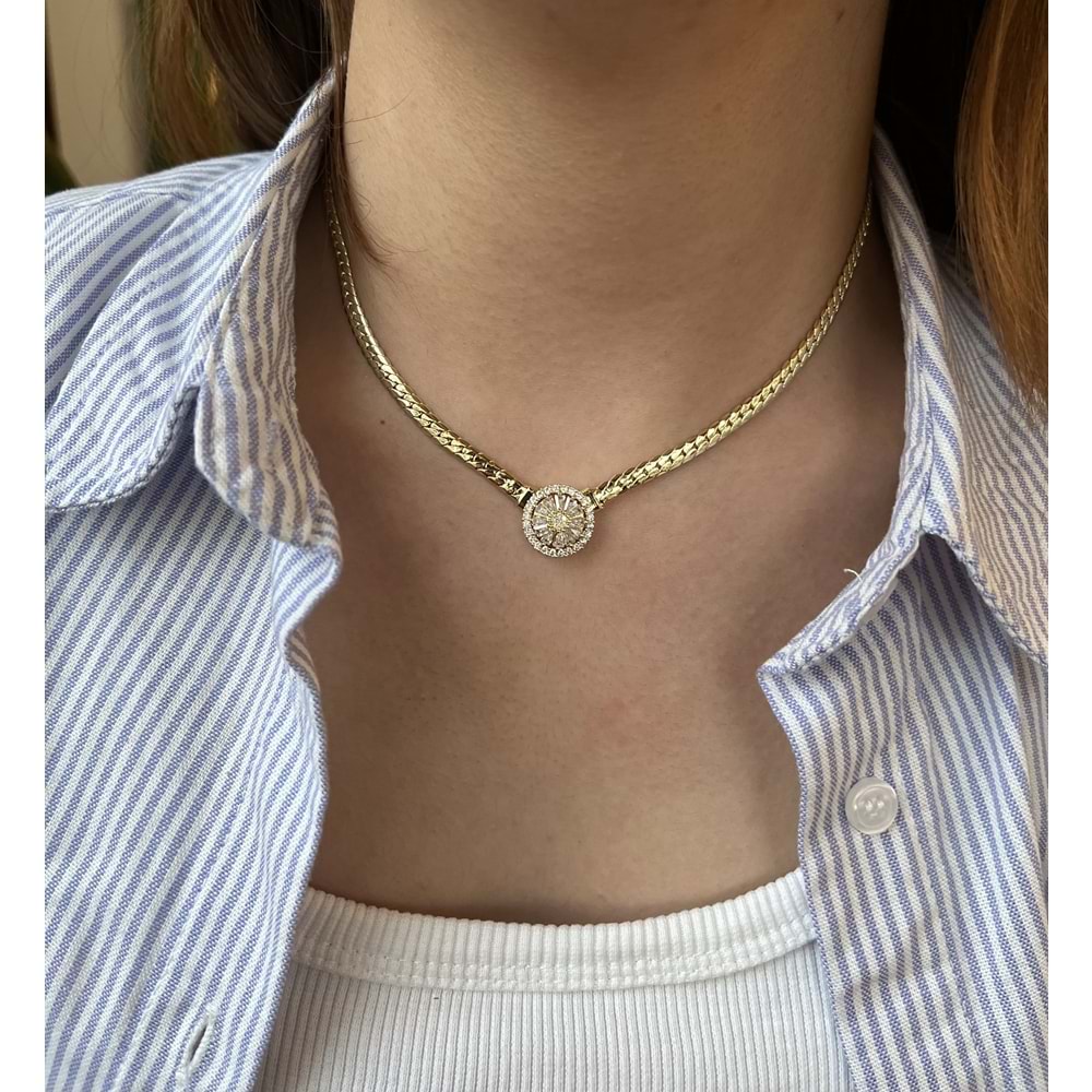 VIP Yuvarlak Baget Taşlı Snake Mücevher Kolye GOLD